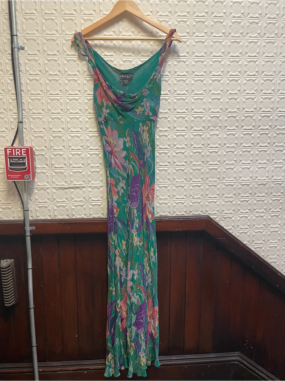 90s/Y2k Rayon Green Floral Cowl Neck Maxi Dress